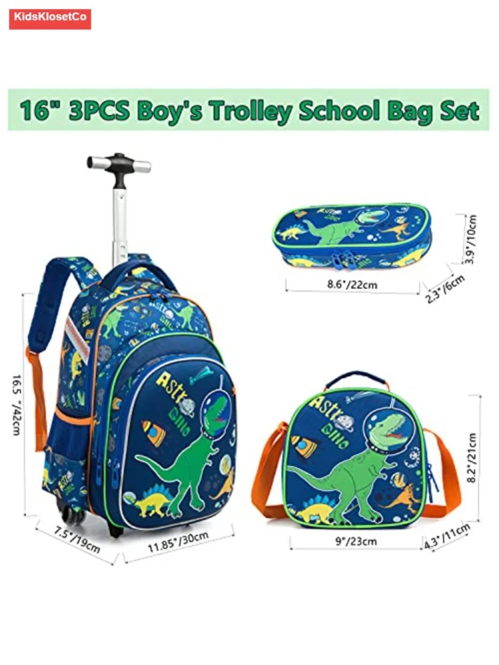 Kids Rolling Backpack with Wheels Dinosaur School Bag Lunch Box Trolley